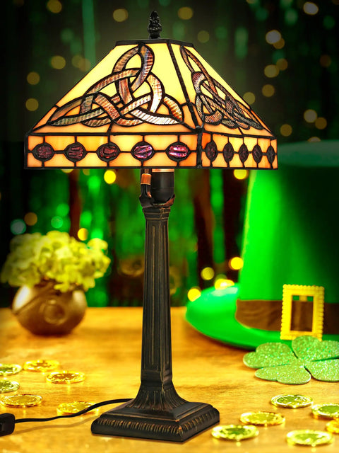 Lit Tiffany Style Table Lamp With Stained Glass Shade Irish Celtic Design 17500 Lumens Fairy Night Light E26 Bronze Base