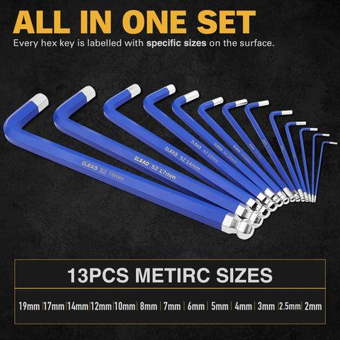 Beefy Long Ball End Hex Key Set 13-Piece Metric 2 To 19mm S2 Steel With Chrome Finish in blue, all sizes visible.