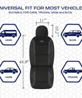 Memory Foam Car Seat Covers With Air Cool Mesh Thick Padding For Front Seats Cozy Breathable Leather Look Airbag Compatible Universal Fit For Cars Trucks SUVs Vans Easy To Install Non Slip Black shown with vehicle fit diagrams.