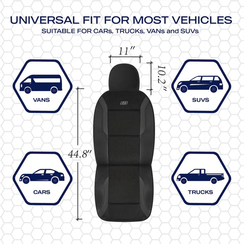 Memory Foam Car Seat Covers With Air Cool Mesh Thick Padding For Front Seats Cozy Breathable Leather Look Airbag Compatible Universal Fit For Cars Trucks SUVs Vans Easy To Install Non Slip Black shown with vehicle fit diagrams.