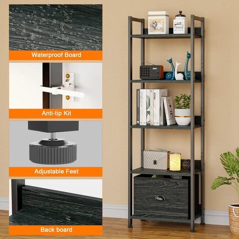 5 Tier Bookshelf With Drawer And Industrial Style Bakers Rack In Black, featuring waterproof board and anti-tip kit.