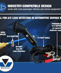 Mastercool UV leak detection kit, front view; black 12V UV flashlight with 14 ft cord, blue hose and adapters.