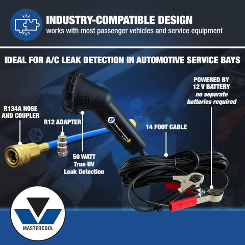 Mastercool UV leak detection kit, front view; black 12V UV flashlight with 14 ft cord, blue hose and adapters.
