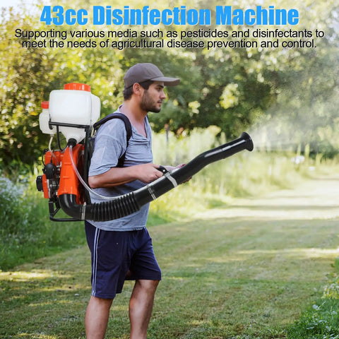Person using Gas Powered Backpack Fogger With 43cc Engine 20L Mosquito Control Sprayer 12m Spray Range Pro Grade Agricultural Sprayer