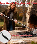 Woman using Heavy Duty Fireplace Ash Shovel With Adjustable Three Section Handle For Easy Sifting In Fire Pit Or Wood Stove Stay Cool While You Clean Heat Resistant Metal Coal Shovel With Detachable Pro Grade Handle In 20.7 Inch Or 31.3 Inch Or 43 Inch Length outdoors