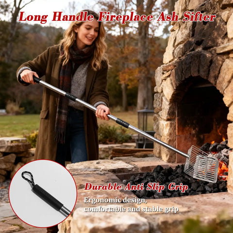 Woman using Heavy Duty Fireplace Ash Shovel With Adjustable Three Section Handle For Easy Sifting In Fire Pit Or Wood Stove Stay Cool While You Clean Heat Resistant Metal Coal Shovel With Detachable Pro Grade Handle In 20.7 Inch Or 31.3 Inch Or 43 Inch Length outdoors