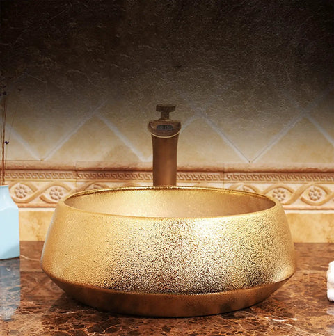 Top Shelf Gold Ceramic Round Vessel Sink For Bathroom Countertop Vanity Setup No Fuss Easy Clean Stain Resistant Finish Perfect For Hotels And Home Bathrooms Sleek 41 Cm Design on marble counter with faucet