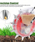 Close-up of 12 Nozzle Manual Seed Planter With 6 Seed Plates showing hopper filled with seeds and precision controls on grass.