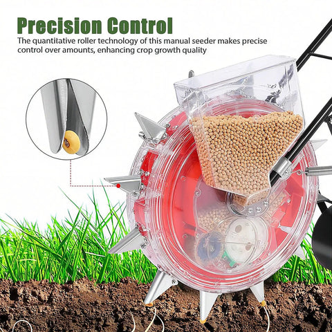 Close-up of 12 Nozzle Manual Seed Planter With 6 Seed Plates showing hopper filled with seeds and precision controls on grass.