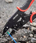 Ratcheting Wire Crimpers For 10 To 24 Awg Cables Featuring No Sweat Jaws And Clearly Labeled Metric Gauge Scales For Hassle Free Electrical Terminal Crimping Plus Quick Release Adjustment For Top Shelf Automotive Builds in action on rough surface.