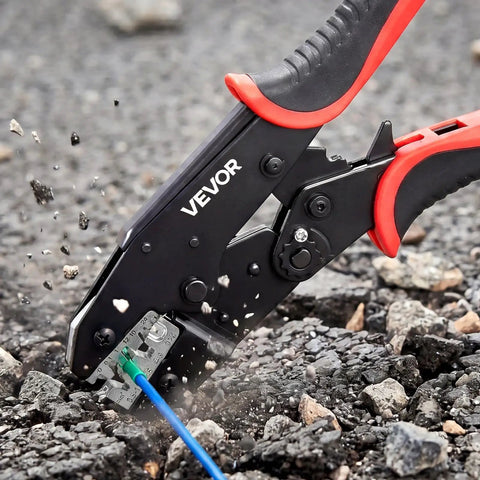 Ratcheting Wire Crimpers For 10 To 24 Awg Cables Featuring No Sweat Jaws And Clearly Labeled Metric Gauge Scales For Hassle Free Electrical Terminal Crimping Plus Quick Release Adjustment For Top Shelf Automotive Builds in action on rough surface.