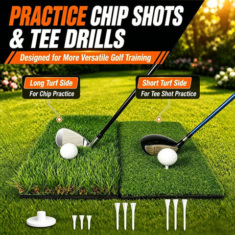 Dual Turf Golf Hitting Mat With 10mm Foam Padding And Rubber Backing For Indoor And Outdoor Practice showing different turf sides
