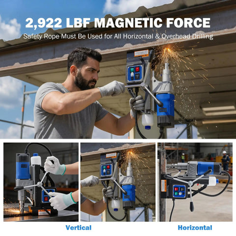 Zelcan 1550W Magnetic Drill Press With 2 Inch Boring Dia And 11 Core Bits features stepless speed control for metal drilling.