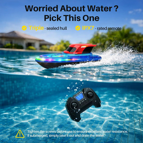 Two Pack RC Boats For Kids Ready To Race With 7 Mode LED Lights Water Spray Dual Batteries Two Point Four GHz Remote Range 164 Feet