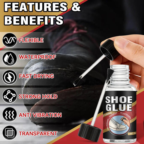 Must Have Pro Grade Clear Waterproof Shoe Glue For Sole Repair Kit That Bonds Deep Into Fibers For Boots Sneakers Heels And Hiking Shoes Flexible Long Lasting Repair For Leather And Other Materials shown with applicator near black shoe.