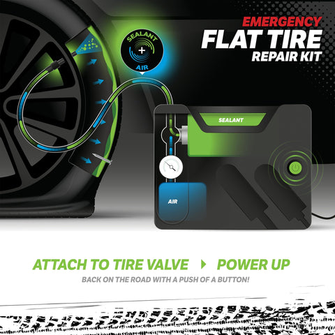 Flat Tire Emergency Repair Kit With Five Point Eight Four Ounce Sealant And Digital Tire Inflator Pump, diagram in action.
