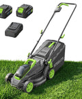 Dual Battery Cordless Lawn Mower With 13 Inch Deck For Small Yards, Up To 50 Minutes Runtime With 2x 20V Batteries And Charger, Lightweight, Easy Start, Perfect For Quick Trim Sessions, shown with charger and batteries