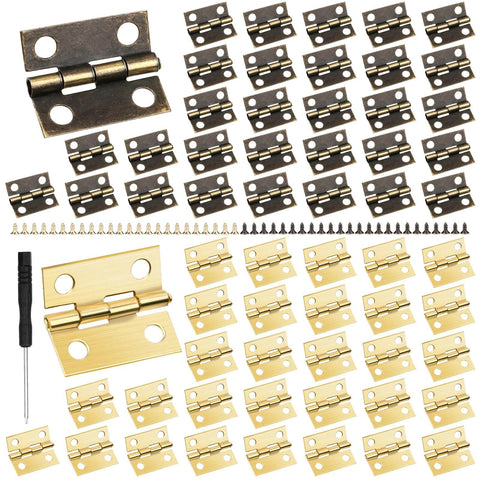 60 Pcs Small Brass Antique Miniature Hinges With Screws And Screwdriver For Dolls House Mini Wooden Crafts Jewelry Box Cabinet DIY Projects For Model Making And Miniature Furniture Repairs