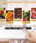 Powerful 75KPa Vacuum Sealer For Food With Digital Timer And One Touch Operation, multi-function display showing options for vac, seal, rice, wet, dry.