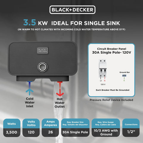 Hot Water On Demand Tankless Electric Water Heater For One Sink 3.5 kW 120 V 0.5 GPM With Pressure Relief Device and specs chart
