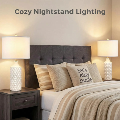 Set Of 2 Dope Ceramic Table Lamps With White Linen Shade 3 Way Dimmable Bedside Lamps For Bedroom Living Room Office Farmhouse