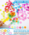 Seven Colorful Magnetic Bingo Wands With 200 Magnetic Chips shown with yellow wand collecting chips on white background.