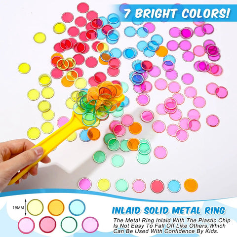 Seven Colorful Magnetic Bingo Wands With 200 Magnetic Chips shown with yellow wand collecting chips on white background.