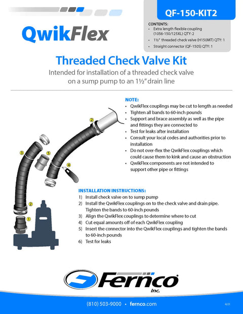 QwikFlex 24 Inch Threaded Sump Pump Check Valve Installation Kit For Offset Or Hard To Reach One And A Half Inch Pipe Connections Easy Quick Fit No Fuss No Mess product diagram with flexible couplings and check valve components.