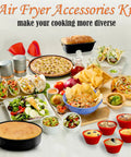 Air Fryer Bake Kit For 6.5 Qt And 8 Qt Foodi Pressure Cooker Includes Multi Purpose Pan Crisper Pan And Loaf Pan Dishwasher Safe Accessories For Casseroles Cakes Pizzas And Veggies displayed with cooked dishes