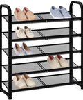 Sick Heavy Duty 5 Tier Metal Shoe Rack With Dense Mesh Shelves holds various shoes in a compact entryway organizer.