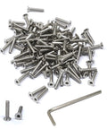 100 Pcs M3 x 16mm Stainless Steel 304 Hex Socket Flat Head Cap Screws Kit with hex key, ideal for electronics and DIY projects.