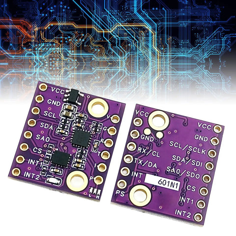 Compact 6DOF Gyroscope And Accelerometer Sensor Module With Multiple Protocols For Embedded Navigation In Tight Spaces Built For Robotics Autonomous Systems And Device Makers Needing Durable Drop In Multi Function Sensing Supports I2C SPI UART CAN, purple PCB