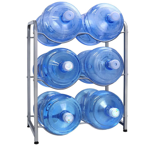 Beefy Heavy Duty 3 Tier 5 Gallon Water Bottle Rack For Home Office Kitchen Storage with six jugs on durable carbon steel stand