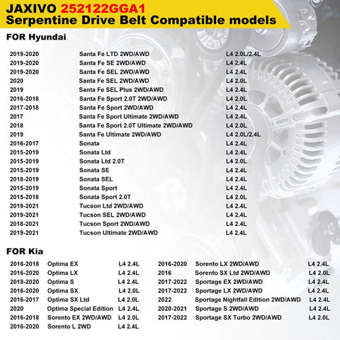 Serpentine Drive Belt 6 Rib 39.69 Inch Replacement For Hyundai Sonata 2015 2019 Santa Fe 2019 2020 Tucson 2018 2021 And Kia Optima 2016 2020 Sportage 2017 2022 Sorento 2016 2018 Alternator And AC OE 25212 2GGA1 compatibility chart