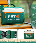 Pet first aid kit bag, green fabric with white top panel and orange zipper; 8.5 x 4.3 x 6.5 in