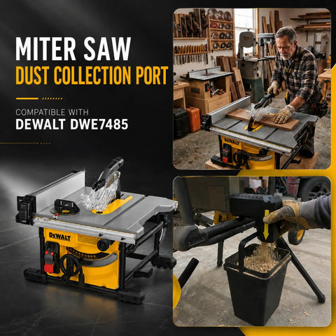 No Sweat Snap On Table Saw Dust Collector Adapter With Dual Hook Bucket Mount Industrial PETG Build Plug And Play Tool Free Install Top Shelf Sawdust Containment Game Changer on Dewalt DWE7485
