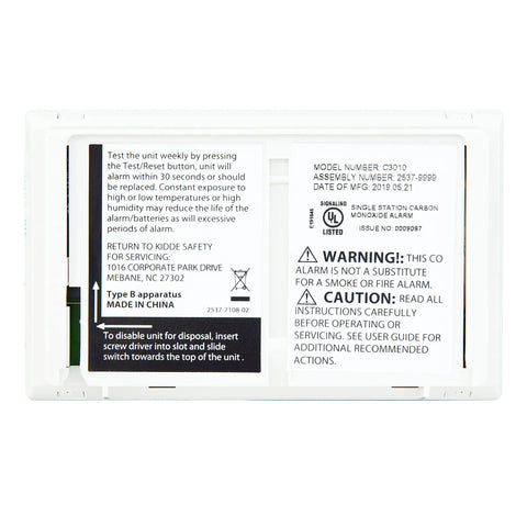 Back view of Carbon Monoxide Detector With 10 Year Battery Replacement Indicator Test Reset Button 2 Pack For Home Safety Easy No Wiring Install No Fuss Portable Wall Or Tabletop Alarm Electrochemical Sensor showing specifications and labels.