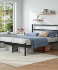 Solid As A Rock Full Size Metal Platform Bed Frame With Headboard And Footboard Featuring Steel Slats For Ultra Comfy Mattress Support No Box Spring Needed in a minimal bedroom setting.