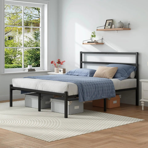 Solid As A Rock Full Size Metal Platform Bed Frame With Headboard And Footboard Featuring Steel Slats For Ultra Comfy Mattress Support No Box Spring Needed in a minimal bedroom setting.