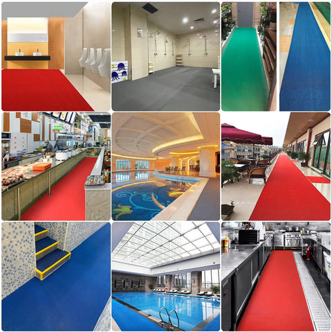Game Changer Non Slip Drainage Flooring Rolls Custom Trim Down To Fit Pool Bathroom Garage Spa Warehouse Durable Water Resilient PVC Mats thick flooring in various wet environments.