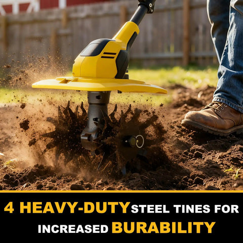 Cordless 20V Garden Tiller Cultivator for Backyard Projects with 9 Inch Tilling Width and 7 Inch Depth in action on soil