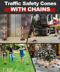 Two Pack Traffic Delineator Cones With Fillable Base For Pro Grade Heavy Duty Parking Lot Safety, Expandable Eight Foot Plastic Chain Barrier, Red And White Delineators For Quick Visible Traffic Guidance And Easy Setup in various settings.