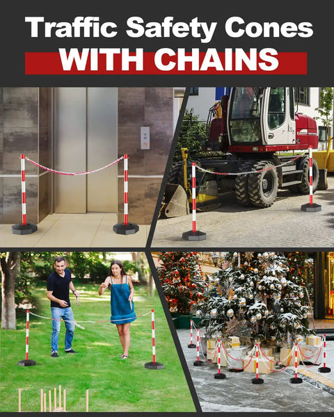 Two Pack Traffic Delineator Cones With Fillable Base For Pro Grade Heavy Duty Parking Lot Safety, Expandable Eight Foot Plastic Chain Barrier, Red And White Delineators For Quick Visible Traffic Guidance And Easy Setup in various settings.