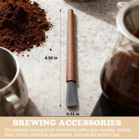 Dual Head Coffee Grinder And Espresso Machine Cleaning Brush on kitchen countertop with precise dusting bristles and size shown