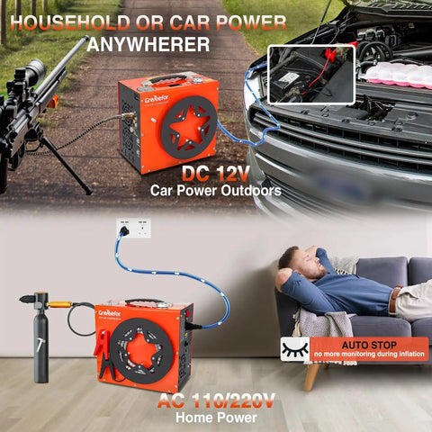 350W Portable Pcpc Air Compressor Pump 5800 Psi Max High Pressure For Air Rifles Paintball Tanks Hpa Cylinders Dual Auto Stop Gauge 12V Dc & 110V Ac Water And Air Cooling Orange Color Model