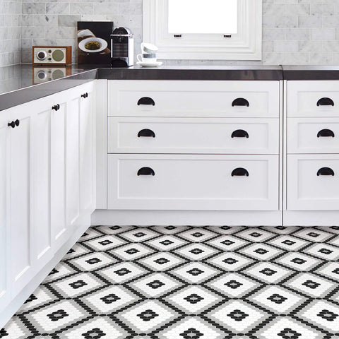 Kitchen with Geometric Black Peel And Stick Vinyl Floor Tiles Pack Of 10 12x12 Inches Water Resistant And Washable With Permanent Adhesive