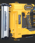 Cordless Brad Nailer Built Tough For Long Shifts With No Sweat showing side view, safety features, and dimensions, ideal for trim work.