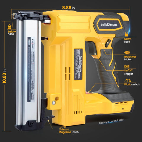 Cordless Brad Nailer Built Tough For Long Shifts With No Sweat showing side view, safety features, and dimensions, ideal for trim work.