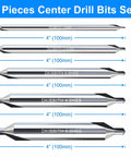 Beefy Long Center Drill Bit Set 5 Pc Pro Grade M2 HSS 60 Degree Point 4 In Overall Length Center Drill Bits Kit displayed in sizes