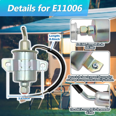 Fuel Pump Replacement E11006 For KY Series Generators 149-2311-01, close-up view with installation details on length and connections.